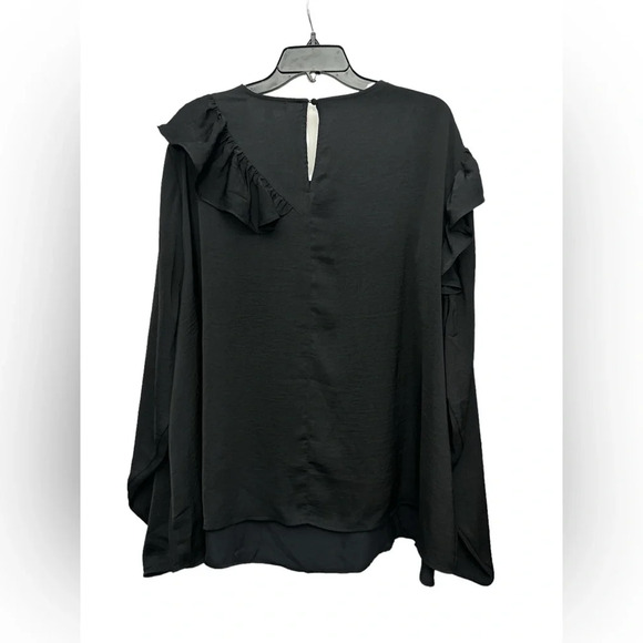 Lane Bryant Ruffle Detail Blouse 28 Satin Crepe Keyhole Back Sleeve Black NWT - Picture 2 of 7